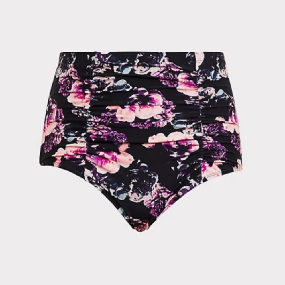 Torrid BLACK FLORAL HIGH WAIST RUCHED SWIM BOTTOM